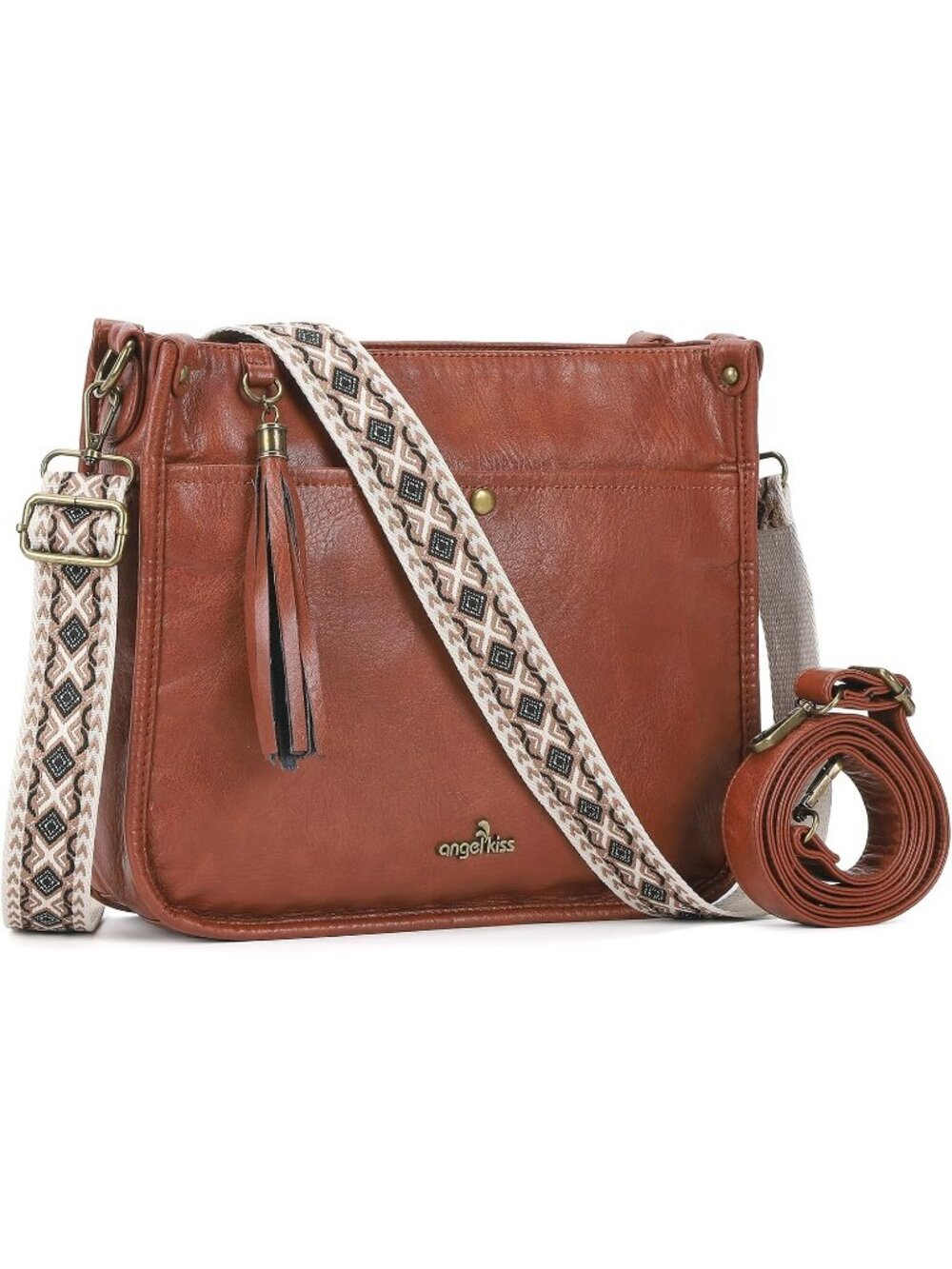 Women's Brown Vegan Leather Crossbody Bags Ladies Tassel Bag with Guitar Strap